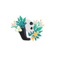 Head portrait of panda for different design and tattoo. Cartoon style icon of the cute animal face with tropical flowers, leaves Royalty Free Stock Photo