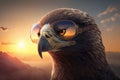 Proud majestic eagle wearing aviators during stunning sunset