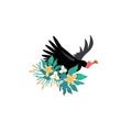 Head portrait of vulture for different design and tattoo. Cartoon style icon of the cute bird face with tropical flowers, leaves Royalty Free Stock Photo