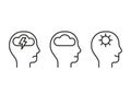 Head profile with stress, calm and good mental health, line icon. Face with storm, cloud and clear sky, sun. Control of