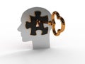 Head with a puzzle and key. 3D image