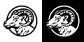 The head of a ram. Round logo, emblem on a black background. Vector illustration.