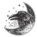 Head of raven over crescent moon engraving boho style vector illustration