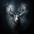 Head of a red deer with antlers in smoke and flames on black, unusual natural background Royalty Free Stock Photo