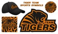 Head of roaring aggressive tiger with name of sports team. Sports symbols of TIGERS team for printing on clothing and equipment.