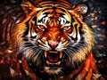 Head of a roaring tiger, graphic illustration with dynamic splash background. Wild angry predator. An aggressive feline animal. Royalty Free Stock Photo