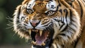 Head of a roaring tiger in natural conditions, on a blurred background. Wild angry predator. An aggressive feline animal. Royalty Free Stock Photo