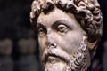 Head of Roman emperor Marcus Aurelius, detail of an ancient marble statue