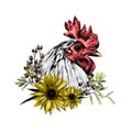 Head of the rooster in profile with wreath in the form of a frame of sunflower leaves and dry grass from below