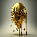 A head and a sad face made of gold melts and cries and drops of gold drip. AI generative illustration
