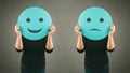 Head with a sad and a happy face, mental health concept, positive and negative mindset, depression, support and evaluation Royalty Free Stock Photo