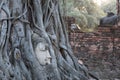 Head of sandstone buddha in the tree roots at wat mahathat temple, Ayutthaya Historical Park, Thailand Royalty Free Stock Photo