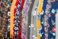 Head scarf market background, multicolored and colorful cloth, hanging