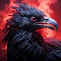 Head of scary black raven with large predatory beak on background of red flames, horror, nightmare, Halloween