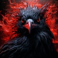 Head of scary black raven with large predatory beak on background of red flames, horror, nightmare, Halloween