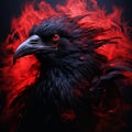 Head of scary black raven with large predatory beak on background of red flames, horror, nightmare, Halloween