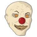 Head scary clown. Vector illustration. The bald man smiles yellow teeth.