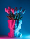 Head sculpture with tulips inside and neon magenta teal lights.
