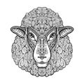 Head sheep. Ethnic patterns. Hand drawn vector illustration with floral elements. Lamb, animal symbol