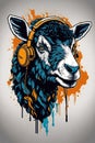 Head of sheep with headphones. Vector illustration in grunge style. Royalty Free Stock Photo