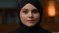 Head shot Arabian Muslim woman islamic young girl in black hijab middle-eastern oriental lady islam religion. Close up