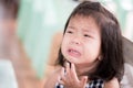 Head shot of Asian cute girl is crying self-indulgent for some dissatisfaction. Kid looks at camera. Terrible two concept.
