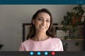 Screen view smiling young mixed race woman holding video call. Royalty Free Stock Photo