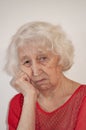 Head shot close up portrait thoughtful middle aged retired woman worrying about personal health problems. Upset older