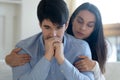 Compassionate young woman giving psychological support help to stressed man. Royalty Free Stock Photo