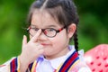 Head shot of cute children wear eyeglasses due to myopia or slight astigmatism.