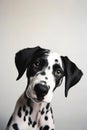 Head shot of funny black and white puppy looking curiously at camera over white background.