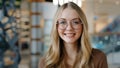 Head shot happy portrait caucasian girl in glasses young woman satisfied with ophthalmology services millennial blonde Royalty Free Stock Photo