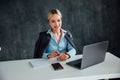 Head shot pleasant happy young woman freelancer working on computer at home. Attractive businesswoman studying online, . Royalty Free Stock Photo