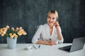 Head shot pleasant happy young woman freelancer working on computer at home. Attractive businesswoman studying online, . Royalty Free Stock Photo