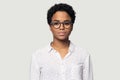 Head shot portrait beautiful young African American woman in glasses