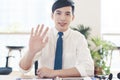 Head shot portrait confident young businessman  looking at camera and talking . business video conference concept Royalty Free Stock Photo