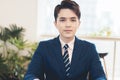 Head shot portrait confident young businessman  looking at camera and talking Royalty Free Stock Photo