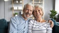 Headshot portrait happy cheerful 60s couple hugging sitting on couch Royalty Free Stock Photo