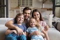 Head shot portrait happy family with two kids at home Royalty Free Stock Photo