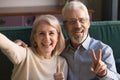 Head shot portrait happy mature man and woman taking selfie Royalty Free Stock Photo