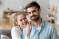 Head shot portrait of happy smiling husband and wife at home Royalty Free Stock Photo