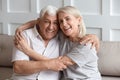 Head shot portrait older wife and husband with healthy smiles