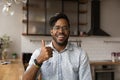 Head shot portrait overjoyed African American man showing thumb up Royalty Free Stock Photo