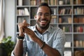 Head shot portrait smiling African American man making video call Royalty Free Stock Photo