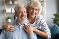 Head shot portrait smiling older wife and husband at home Royalty Free Stock Photo