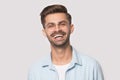 Head shot portrait young laughing happy man in eyeglasses. Royalty Free Stock Photo