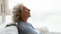 Head shot profile peaceful older woman relaxing on couch