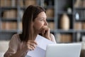 Head shot stressed young woman thinking of financial troubles. Royalty Free Stock Photo