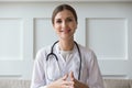 Female doctor talking with patient provide help distantly through internet Royalty Free Stock Photo