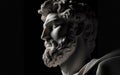 Head and shoulders detail of the ancient man with beard sculpture. Antique face with whiskers statue on black background Royalty Free Stock Photo